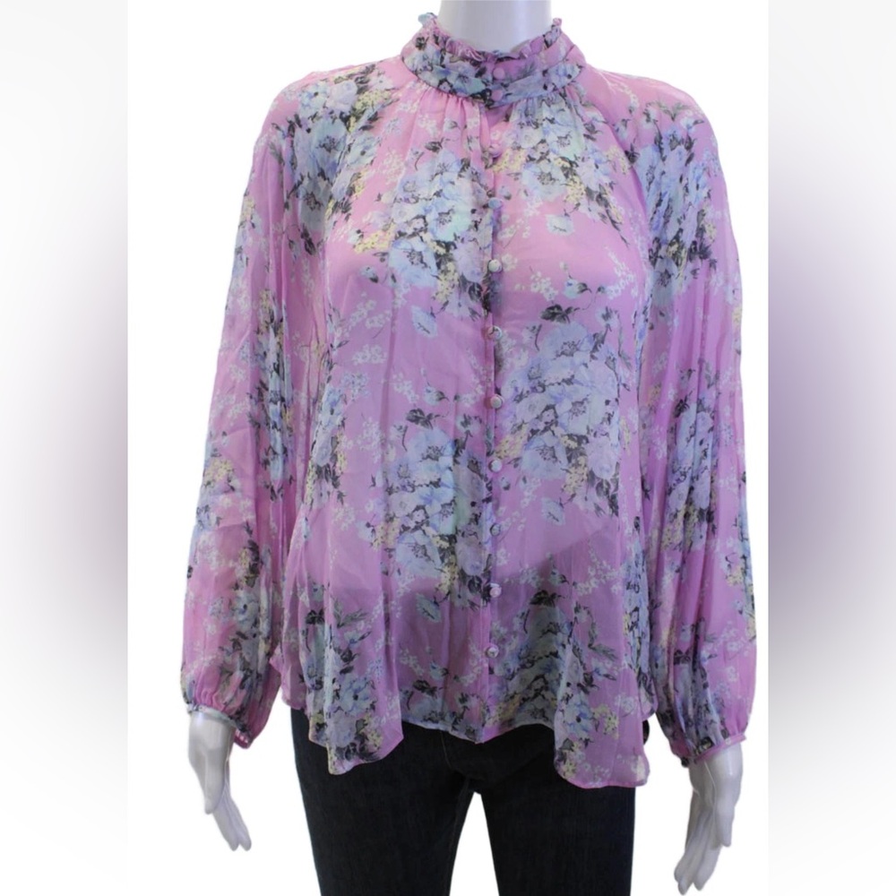 LoveShackFancy Women Pink Floral High Neck Button Long Sleeve Blouse Size XS